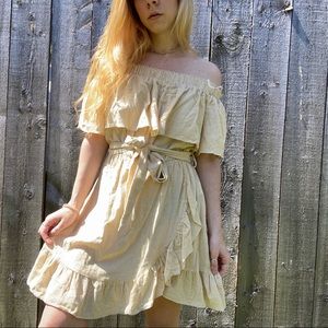 Off Shoulder Mustard Yellow Stripped Linen Dress